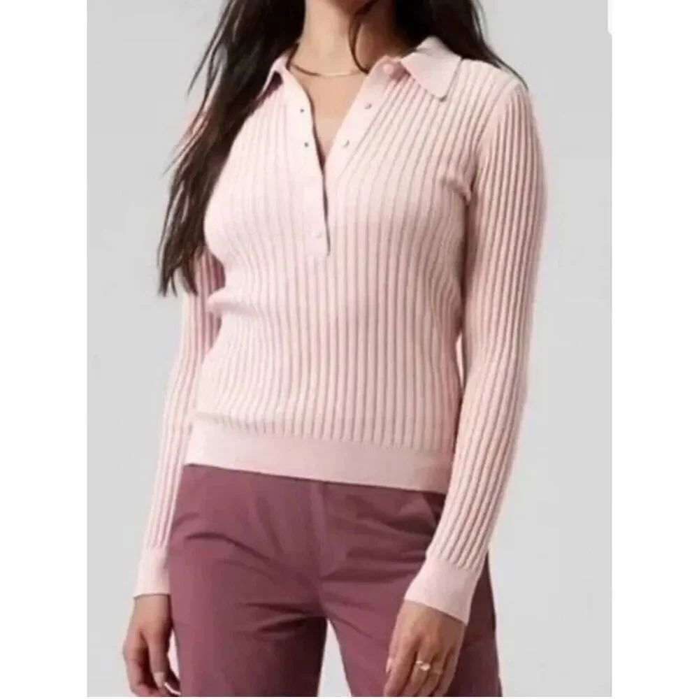 Athleta Ribbed Henley Sweater Size Small Pink 1/2 Button Collard